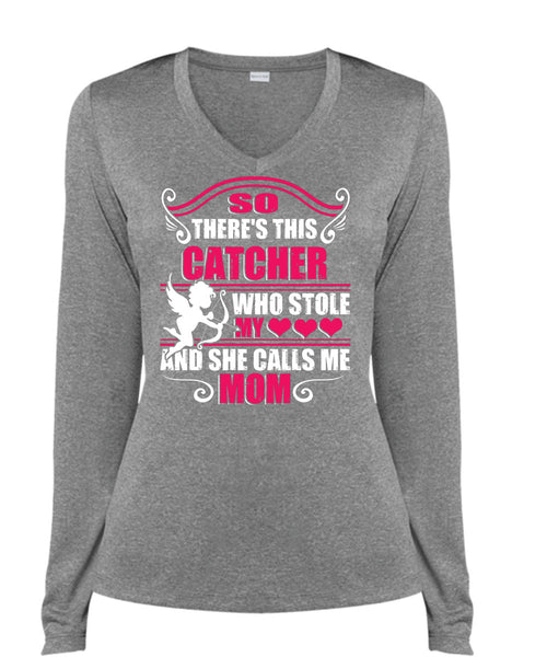 So There's This Catcher Who Stole My Heart T Shirt, She Calls Me Mom T Shirt, Cool Shirt (Ladies LS Heather V-Neck)