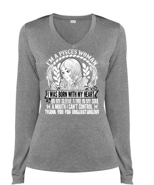 I'm A Pisces Woman T Shirt, Fire In My Soul T Shirt, Cool Shirt (Ladies LS Heather V-Neck)