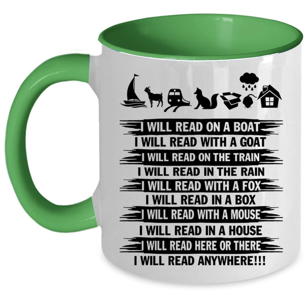 I Will Read Anywhere Coffee Mug, I Will Read On A Boat Accent Mug