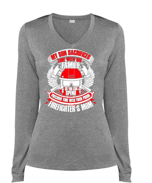 My Son Sacrifices Time T Shirt, Firefighter's Mom T Shirt, Cool Shirt (Ladies LS Heather V-Neck)