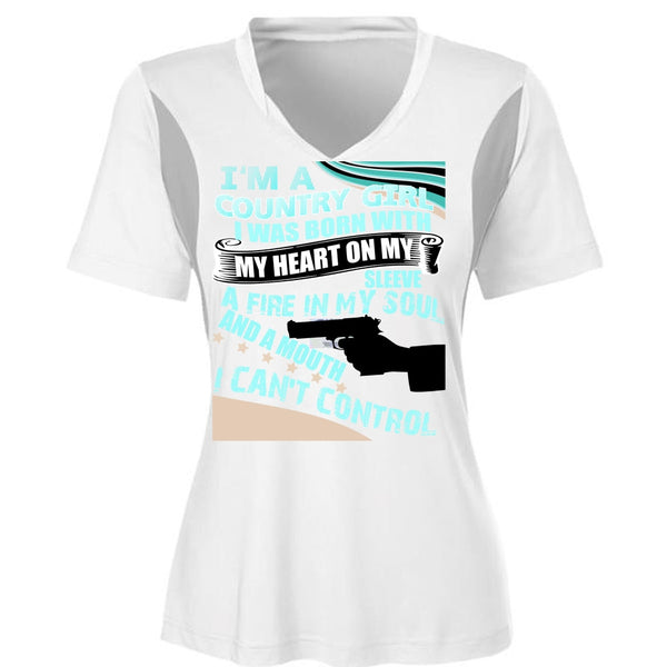 I'm A Country Girl T Shirt, I Can't Control T Shirt, Cool Shirt (Ladies LS Heather V-Neck)