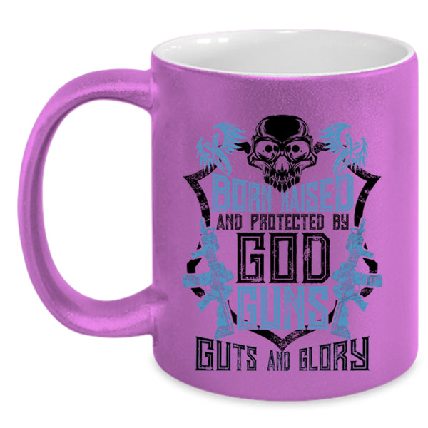 Cool Gunner Coffee Mug, Born Raised And Protected By God Guns Accent Mug