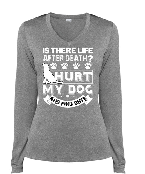 Hurt My Dog And Find Out T Shirt, Is There Life After Death T Shirt, Cool Shirt (Ladies LS Heather V-Neck)