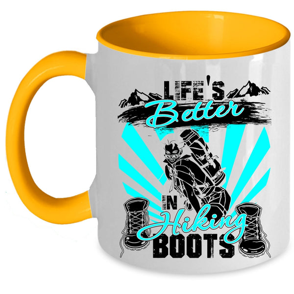 Cool Hiking Coffee Mug, Life's Better In Hiking Boots Accent Mug