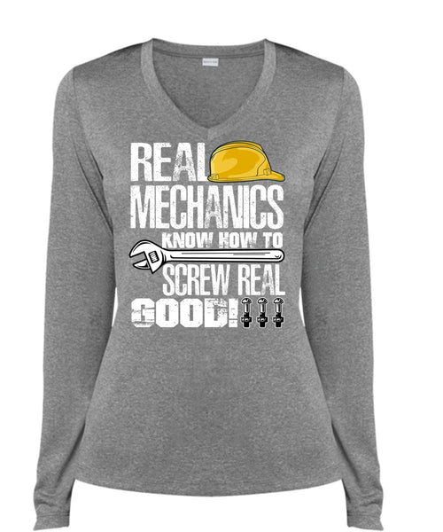 Real Mechanics T Shirt, Being A Mechanic T Shirt, Cool Shirt (Ladies LS Heather V-Neck)