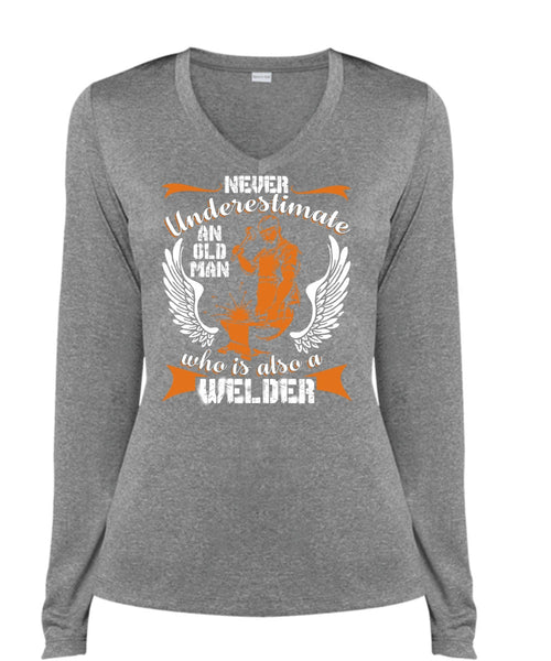 Old Man Who Is Also A Welder T Shirt, Being A Welder T Shirt, Cool Shirt (Ladies LS Heather V-Neck)