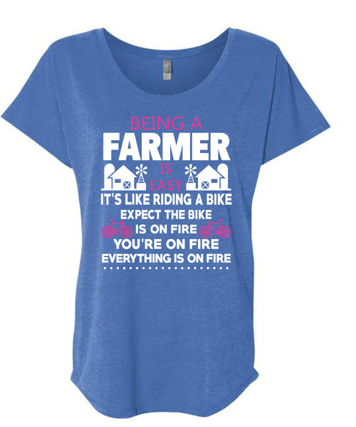 Being A Farmer Is Easy T Shirt, It's Like Riding A Bike T Shirt, Cool Shirt (Ladies' Triblend Dolman Sleeve)