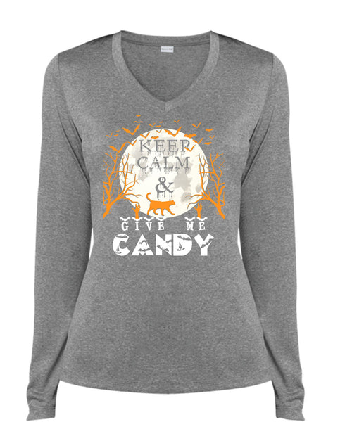 Keep Calm And Give Me Candy T Shirt, I Love Christmas T Shirt, Cool Shirt (Ladies LS Heather V-Neck)