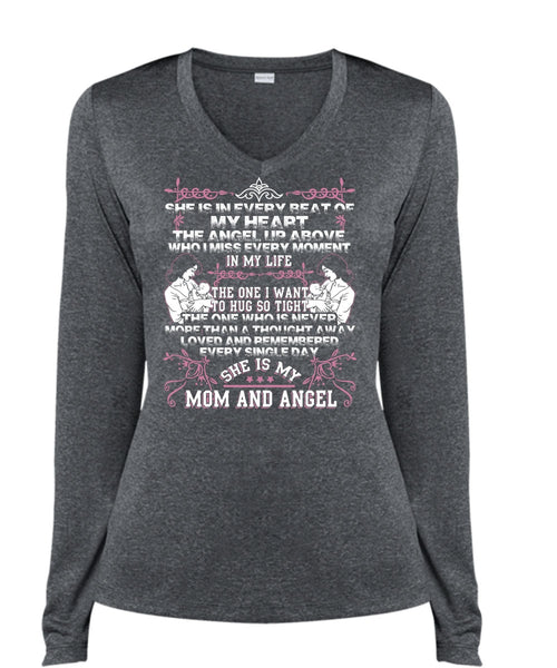 She Is My Mom And Angel T Shirt, I Love Mom T Shirt, Cool Shirt (Ladies LS Heather V-Neck)