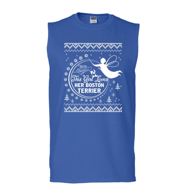 Merry Christmas T Shirt, This Girl Loves Her Boston Terrier T Shirt, Cool T Shirt (Men's Cotton Sleeveless)