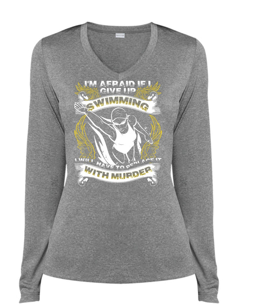 I Give Up Swimming T Shirt, Being A Swimmer T Shirt, Cool Shirt (Ladies LS Heather V-Neck)