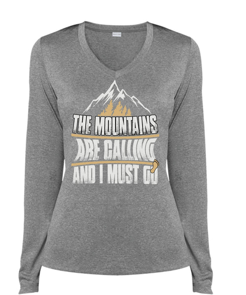 The Mountains Are Calling T Shirt, My Favorite T Shirt, Cool Shirt (Ladies LS Heather V-Neck)