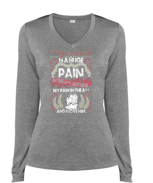 My Husband Is A Huge T Shirt, I Love Him T Shirt, Cool Shirt (Ladies LS Heather V-Neck)