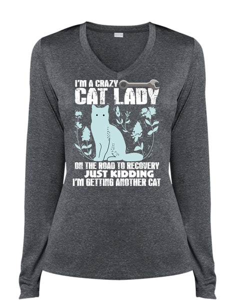 I'm A Crazy Cat Lady On The Road T Shirt, I'm Getting Another Cat T Shirt, Cool Shirt (Ladies LS Heather V-Neck)