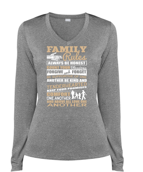 Family Rules T Shirt, Forgive And Forget T Shirt, Cool Shirt (Ladies LS Heather V-Neck)