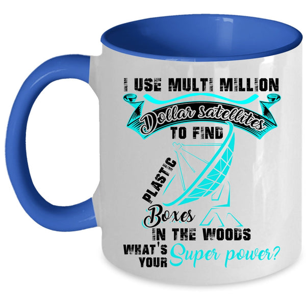 Funny Geocaching Coffee Mug, Plastic Boxes In The Woods Accent Mug