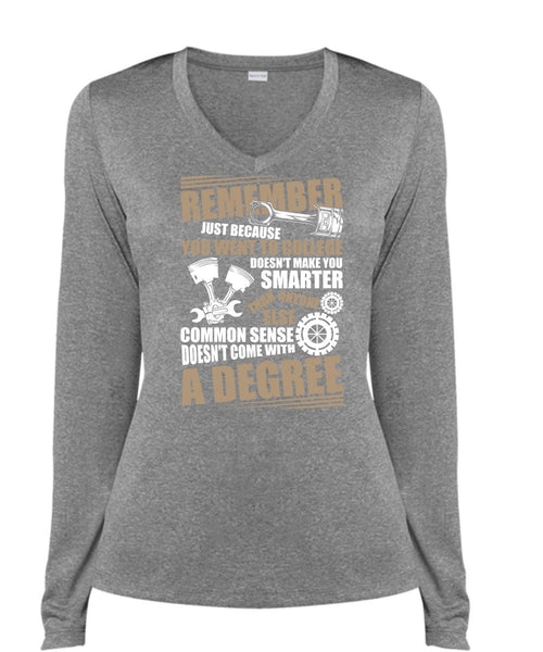 You Went To College T Shirt, Being A Mechanic T Shirt, Cool Shirt (Ladies LS Heather V-Neck)