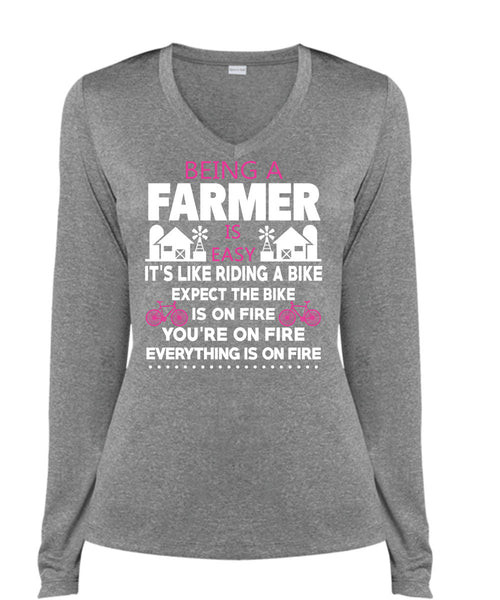 Being A Farmer Is Easy T Shirt, It's Like Riding A Bike T Shirt, Cool Shirt (Ladies LS Heather V-Neck)