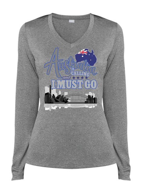 Australia Is Calling T Shirt, I Must Go T Shirt, Cool Shirt (Ladies LS Heather V-Neck)