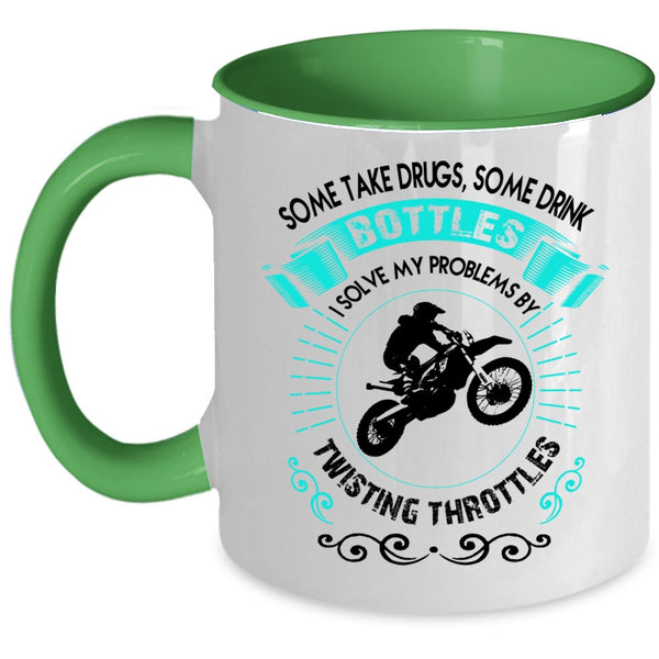 Funny Motorcycles Coffee Mug, I Solve My Problems By Twisting Throttles Accent Mug