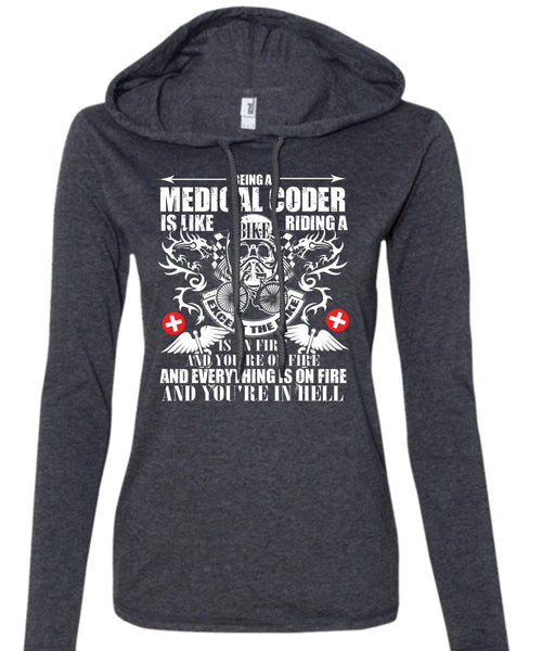 Being A Medical Coder T Shirt, You're In Hell T Shirt (Anvil Ladies Ringspun Hooded)