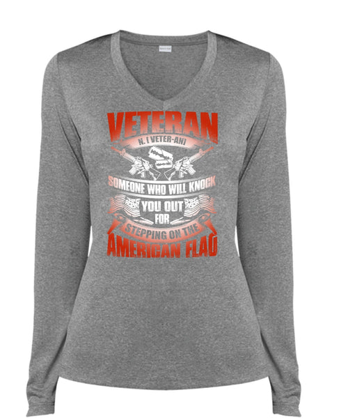 Veteran Who Will Knock You Out T Shirt, American Flag T Shirt, Cool Shirt (Ladies LS Heather V-Neck)