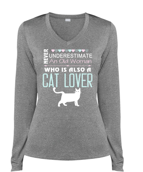 Never Underestimate An Old Woman Who Is Also A Cat Lover T Shirt, My Pets T Shirt (Ladies LS Heather V-Neck)