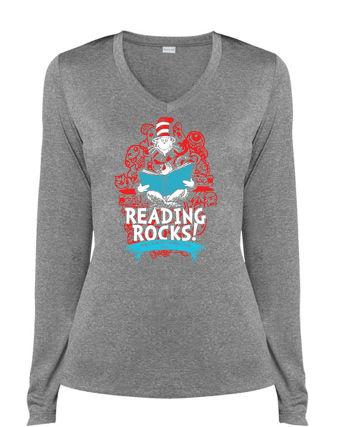 Dr. Seuss T Shirt, Reading Rocks T Shirt, The Cat in the Hat T Shirt, I Love Reading T Shirt, Cool Shirt (Ladies LS Heather V-Neck)