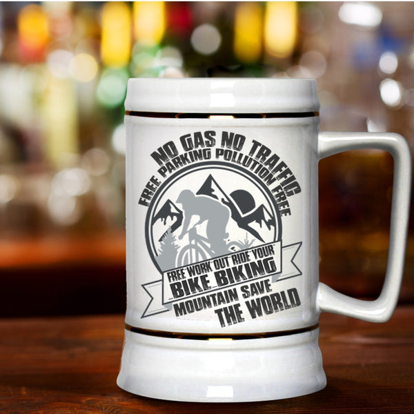 Biking Mountain Save The World Beer Stein 22oz, Ride Your Bike Beer Mug