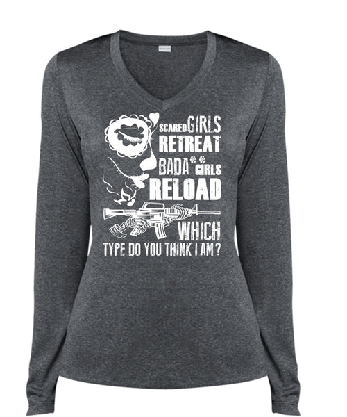 Scared Girls Retreat T Shirt, Being A Gunner T Shirt, Cool Shirt (Ladies LS Heather V-Neck)
