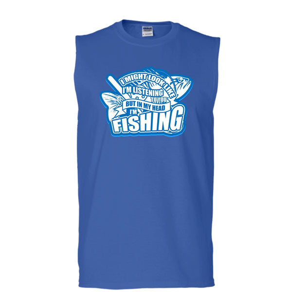In My Head I'm Fishing T Shirt, I Love Fishing Tank Top (Men's Cotton Sleeveless)