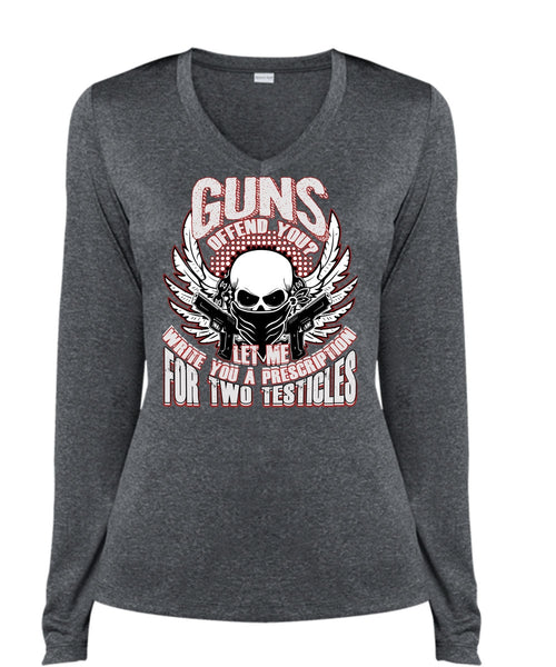 Guns Offend You T Shirt, Being A Veteran T Shirt, Cool Shirt (Ladies LS Heather V-Neck)