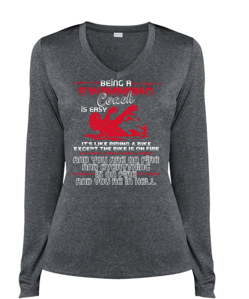 Being A Swimming Coach T Shirt, You're In Hell T Shirt, Cool Shirt (Ladies LS Heather V-Neck)