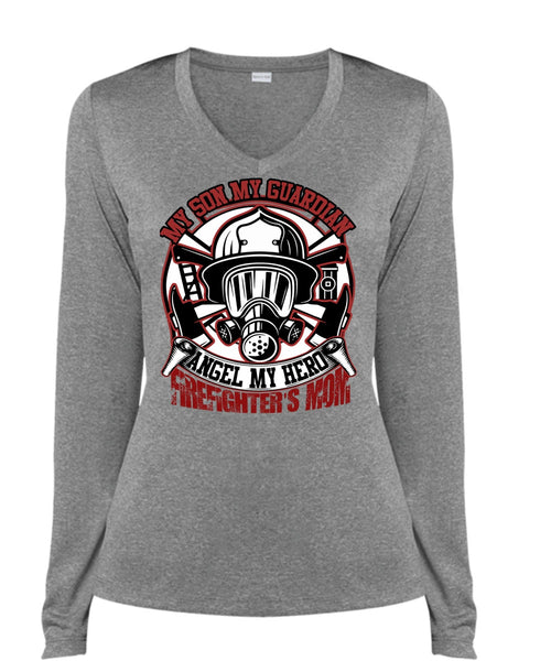 Firefighter's Mom T Shirt, My Son My Guardian Angel T Shirt, Cool Shirt (Ladies LS Heather V-Neck)
