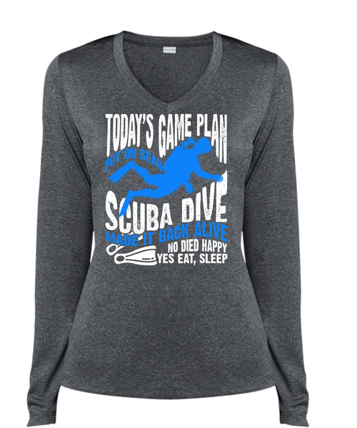 Today's Game Plan T Shirt, Put On Gear Scuba Dive T Shirt, Cool Shirt (Ladies LS Heather V-Neck)