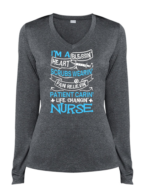 Life Changing Nurse T Shirt, I'm A Blessing Heart T Shirt, Cool Shirt (Ladies LS Heather V-Neck)