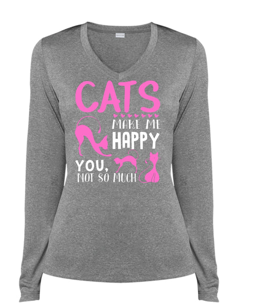 Cats Make Me Happy T Shirt, Pets T Shirt, I Love Cat T Shirt (Ladies LS Heather V-Neck)