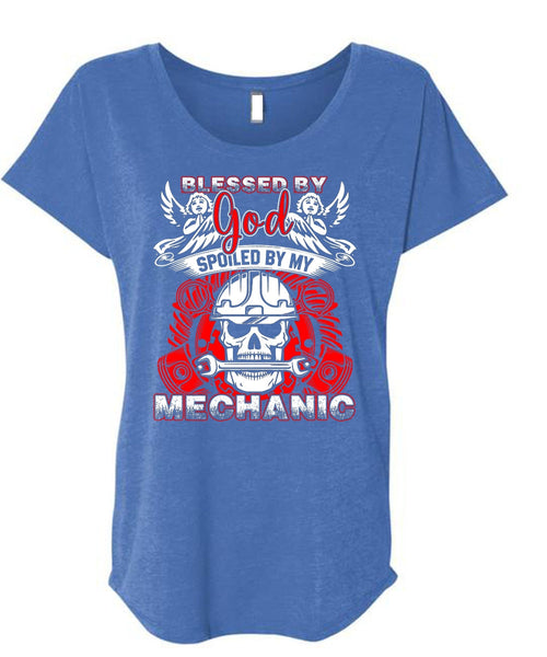 God Spoiled By My Mechanic T Shirt, I Love Mechanic T Shirt, Cool Shirt (Ladies' Triblend Dolman Sleeve)