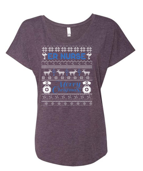 ER Nurse Merry Christmas T Shirt, Being A Nurse T Shirt, Cool Shirt (Ladies' Triblend Dolman Sleeve)