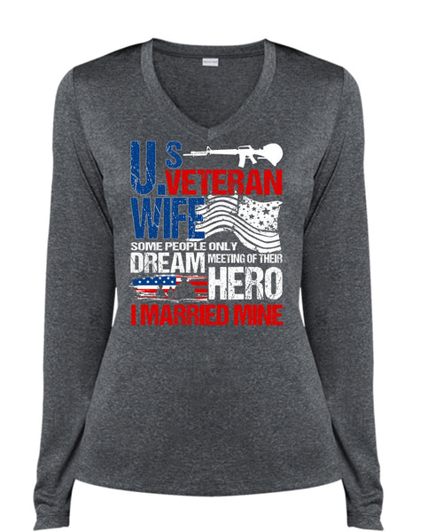 US Veteran Wife T Shirt, I Married Mine T Shirt, Cool Shirt (Ladies LS Heather V-Neck)