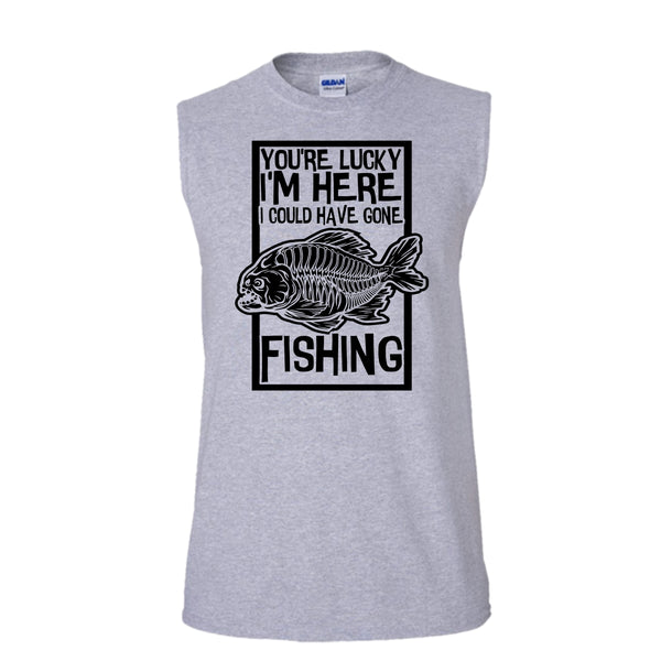 You're Lucky I'm Here T Shirt, Coolest Fishing Tank Top (Men's Cotton Sleeveless)