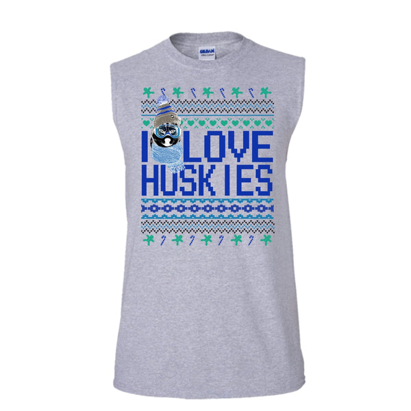 I Love Huskies T Shirt, Dog Merry Christmas T Shirt, Awesome t-shirts (Men's Cotton Sleeveless)