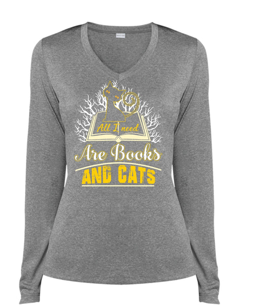 All I Need Are Books And Cats T Shirt, Being A Reader T Shirt, Cool Shirt (Ladies LS Heather V-Neck)
