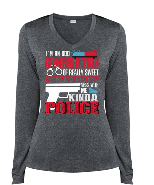 Mess With Me Kinda Police T Shirt, I'm An Odd Combination T Shirt, Cool Shirt (Ladies LS Heather V-Neck)
