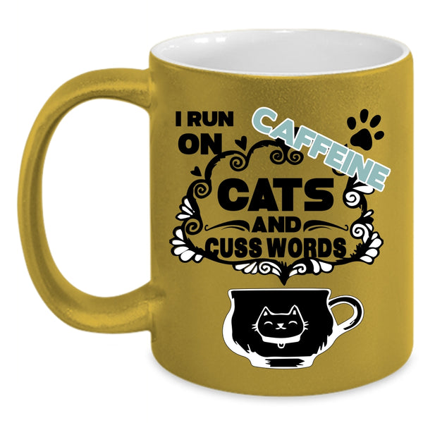 Cute Cat Coffee Mug, I Run On Caffeine Cats Accent Mug