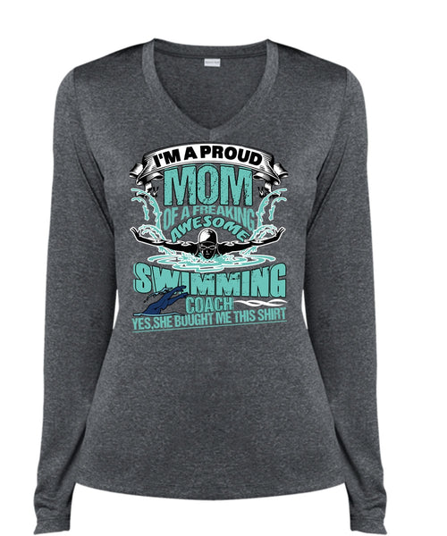 I'm A Proud Mom T Shirt, Awesome Swimming Coach T Shirt, Cool Shirt (Ladies LS Heather V-Neck)