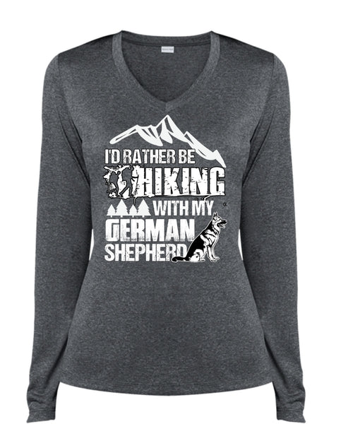I'd Rather Be Hiking T Shirt, German Shepherd T Shirt, Cool Shirt (Ladies LS Heather V-Neck)