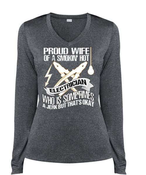 Proud Wife T Shirt, Smoking Hot Electrician T Shirt, Cool Shirt (Ladies LS Heather V-Neck)