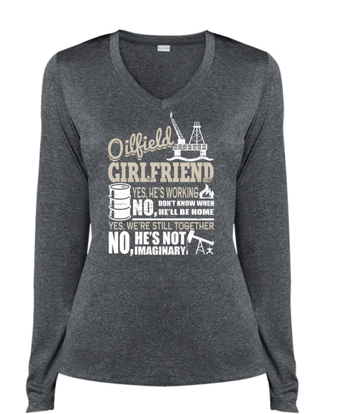 Oilfield Girlfriend T Shirt, I Love Oilfield T Shirt, Cool Shirt (Ladies LS Heather V-Neck)
