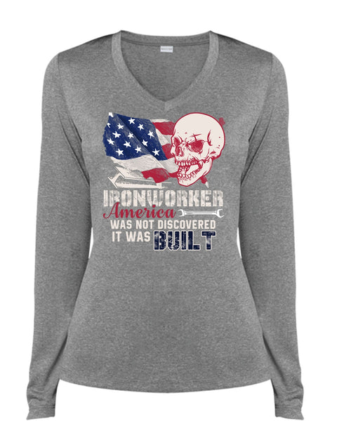 Ironworker America T Shirt, It Was Built T Shirt, Cool Shirt (Ladies LS Heather V-Neck)